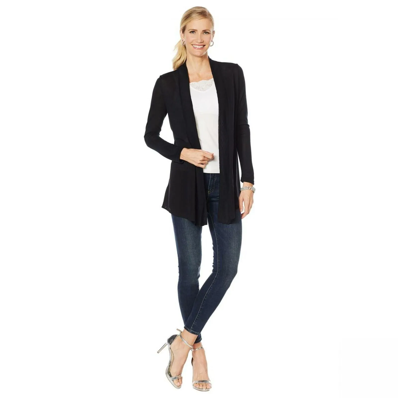 Rhonda Shear Womens Crochet Back Cardigan Black Large