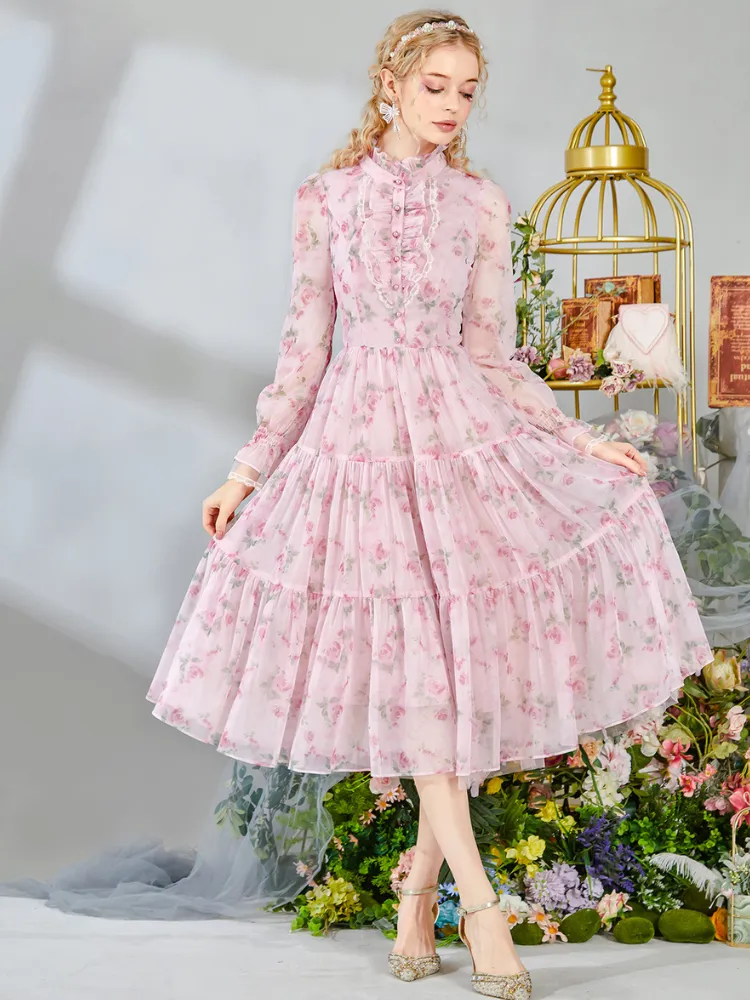 Romantic Floral Frill Long Dress