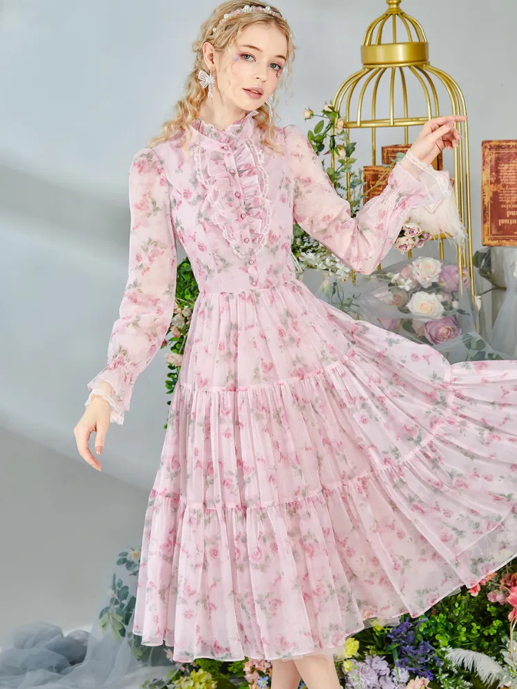 Romantic Floral Frill Long Dress