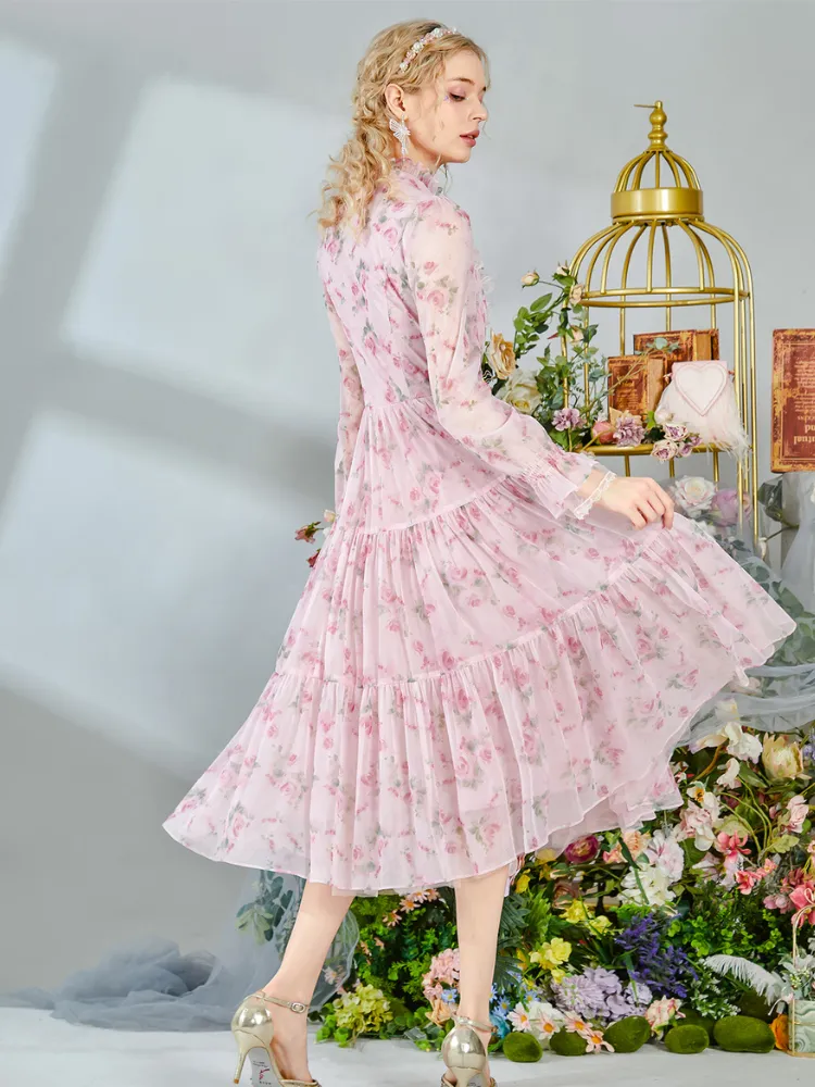 Romantic Floral Frill Long Dress