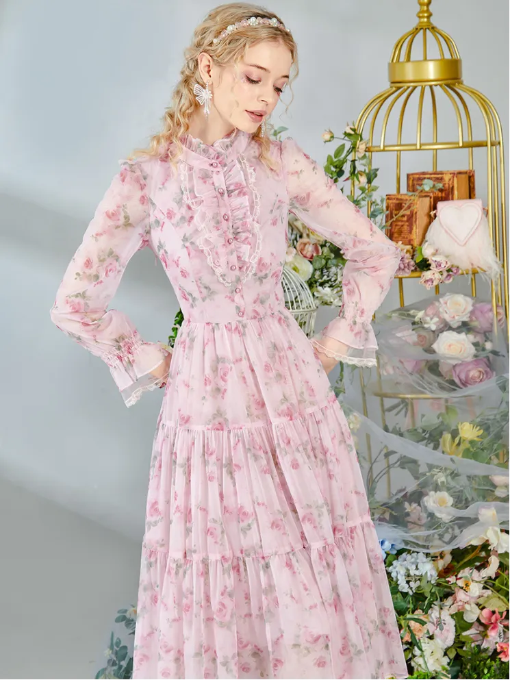 Romantic Floral Frill Long Dress