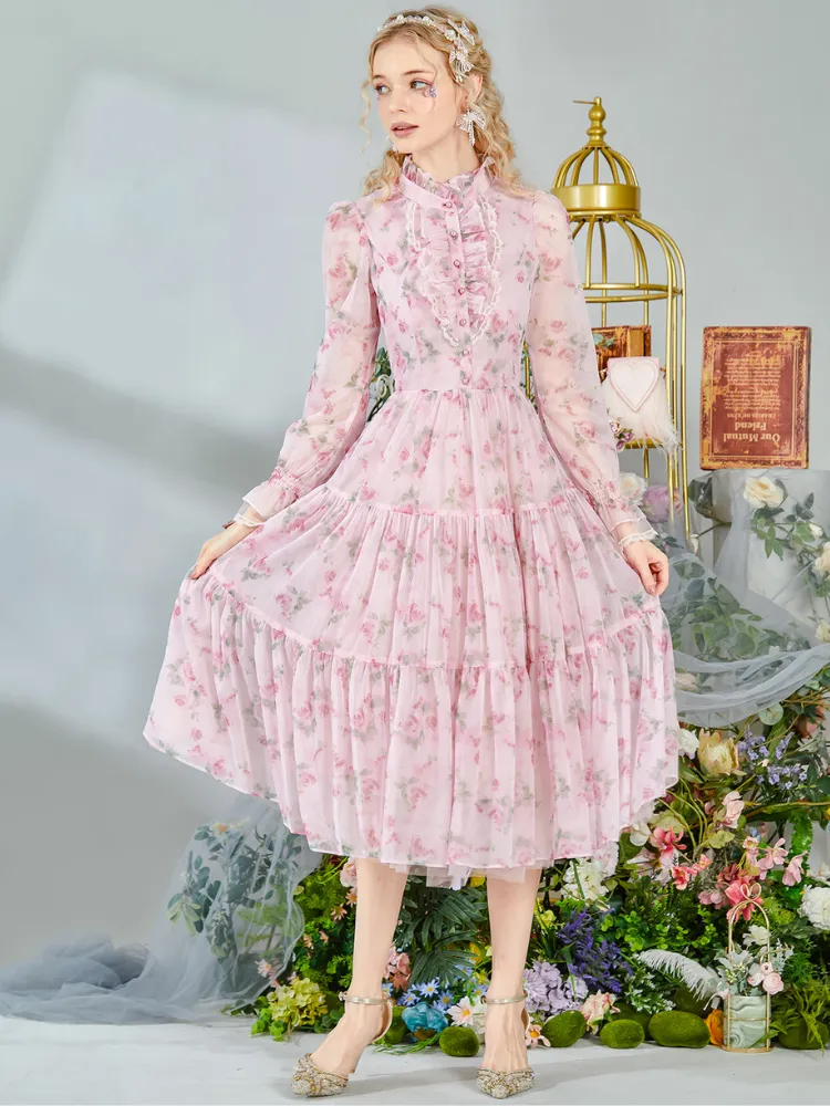 Romantic Floral Frill Long Dress