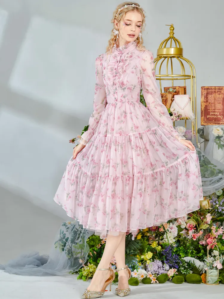 Romantic Floral Frill Long Dress