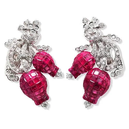 Ruby And Diamond Tulip Desgin Earrings, 18k White Gold