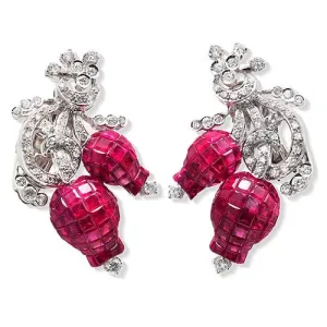 Ruby And Diamond Tulip Desgin Earrings, 18k White Gold