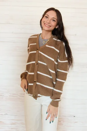 Sara Striped Knit Cardigan - Coffee and White