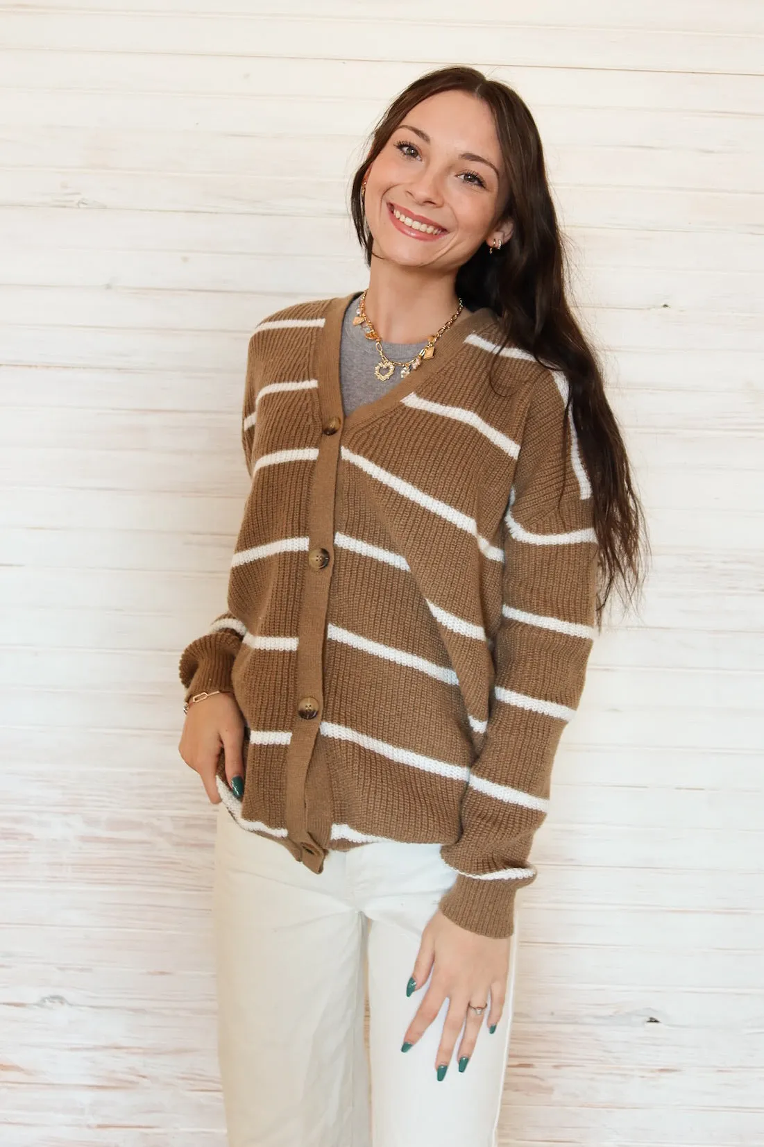 Sara Striped Knit Cardigan - Coffee and White