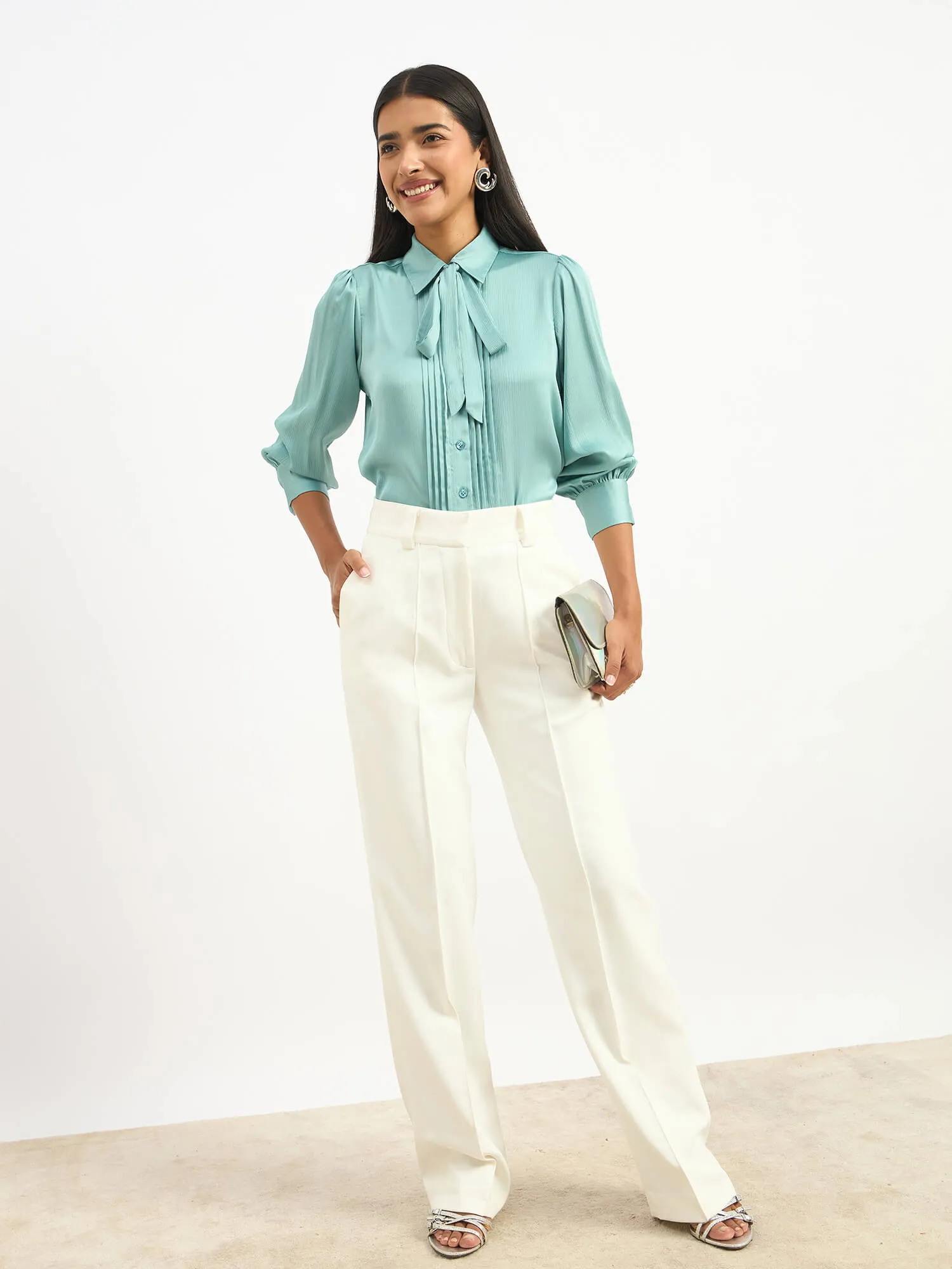 Seaglass Pleated Tie Up Top - Seagreen