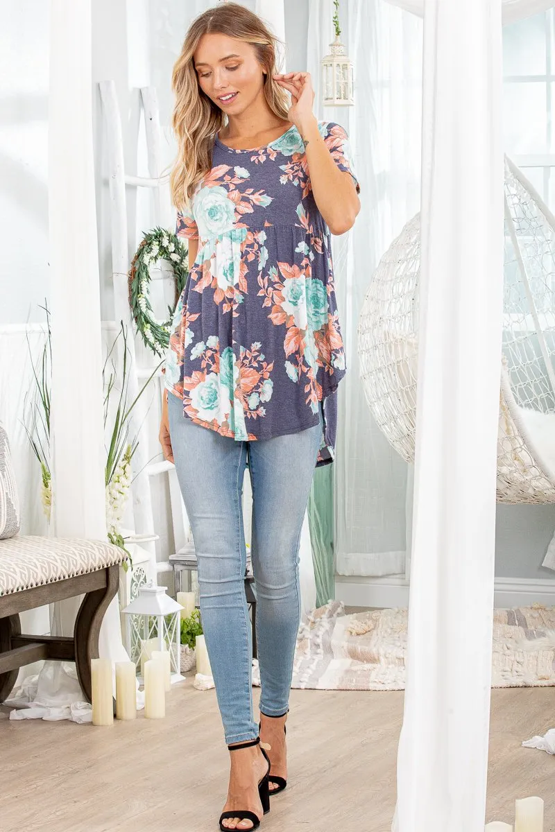 Short-Sleeved Spring Floral Babydoll Top in Denim