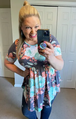 Short-Sleeved Spring Floral Babydoll Top in Denim
