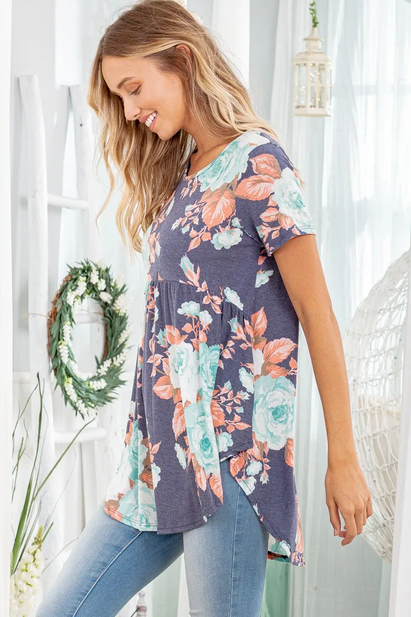 Short-Sleeved Spring Floral Babydoll Top in Denim