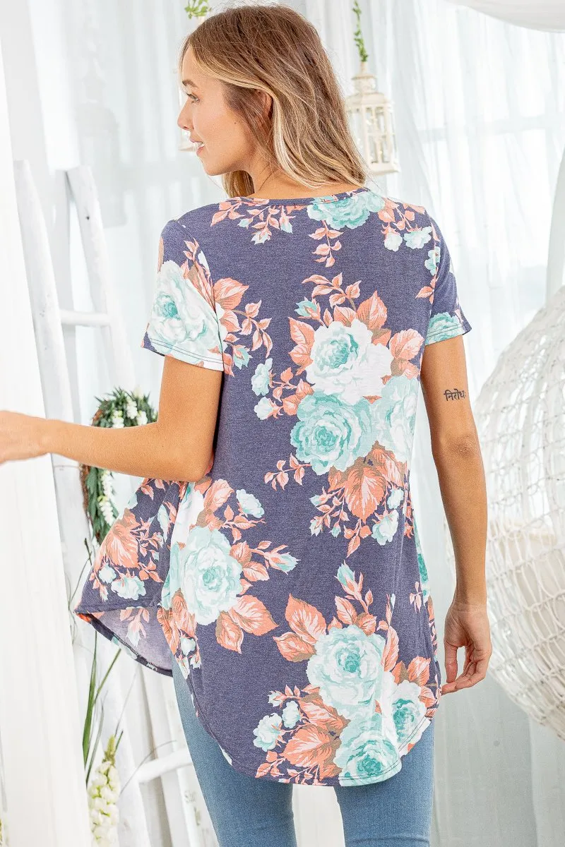 Short-Sleeved Spring Floral Babydoll Top in Denim