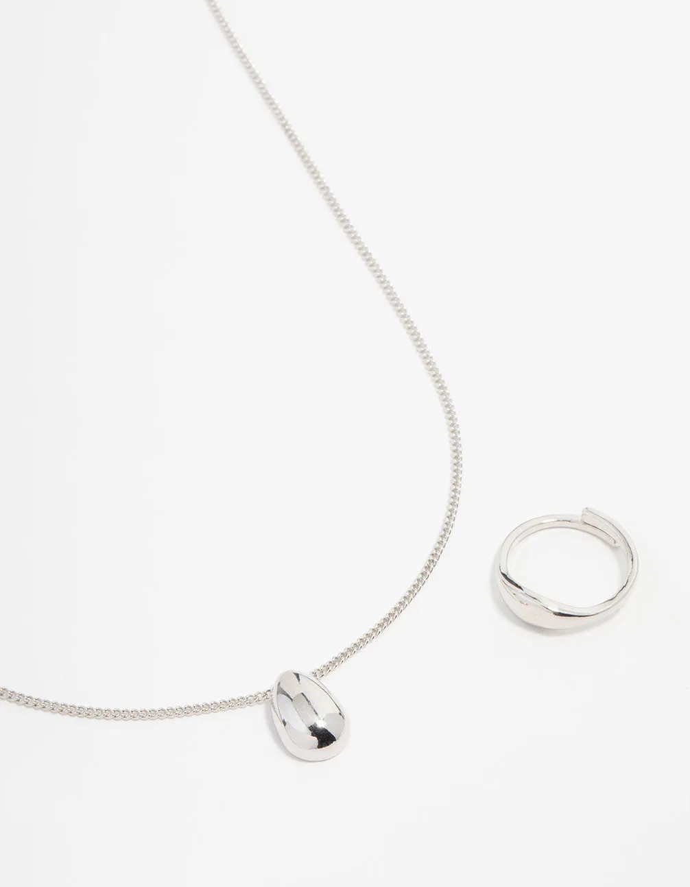 Silver Smooth Stone Necklace & Ring Set