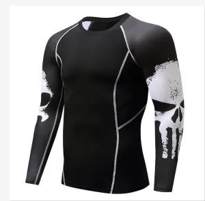 Skull Print Long Sleeve Men's Workout Clothes Stretch Quick Drying Clothes Basketball Riding Running Suit Round Neck Tight T-shirt