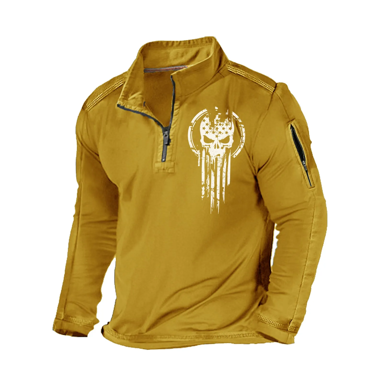 SKULL STAND COLLAR ZIPPER POCKET GRAPHIC SWEATSHIRT