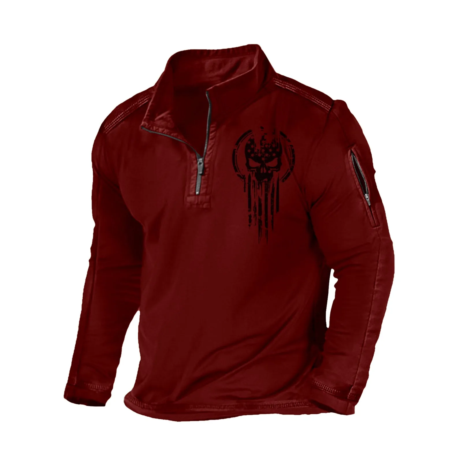 SKULL STAND COLLAR ZIPPER POCKET GRAPHIC SWEATSHIRT