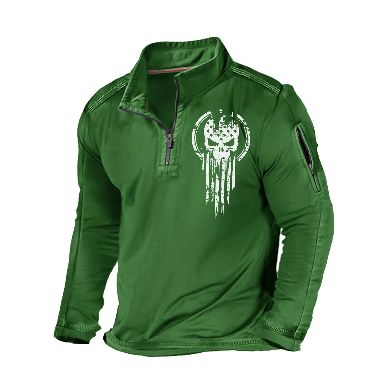 SKULL STAND COLLAR ZIPPER POCKET GRAPHIC SWEATSHIRT