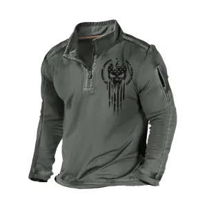 SKULL STAND COLLAR ZIPPER POCKET GRAPHIC SWEATSHIRT