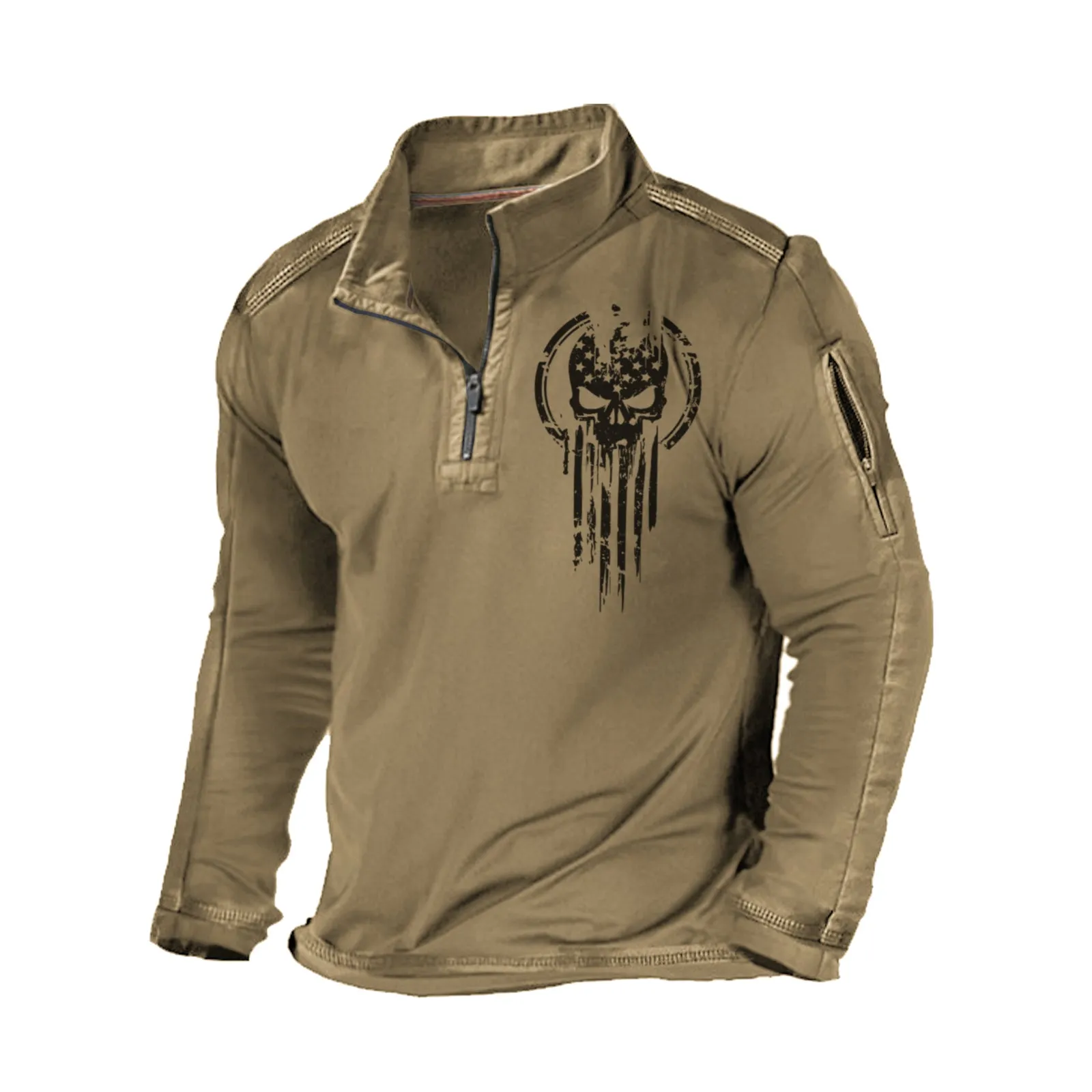 SKULL STAND COLLAR ZIPPER POCKET GRAPHIC SWEATSHIRT