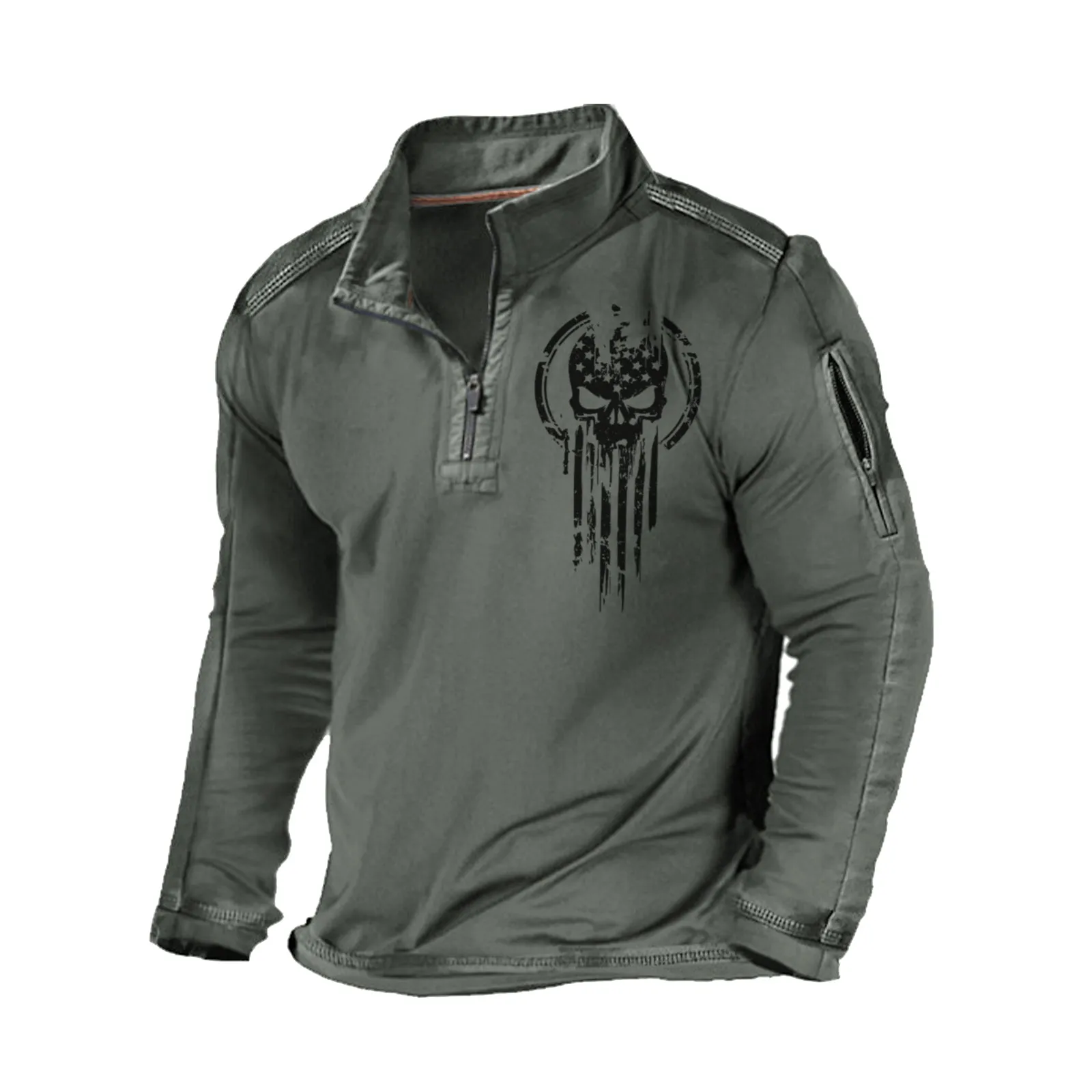 SKULL STAND COLLAR ZIPPER POCKET GRAPHIC SWEATSHIRT