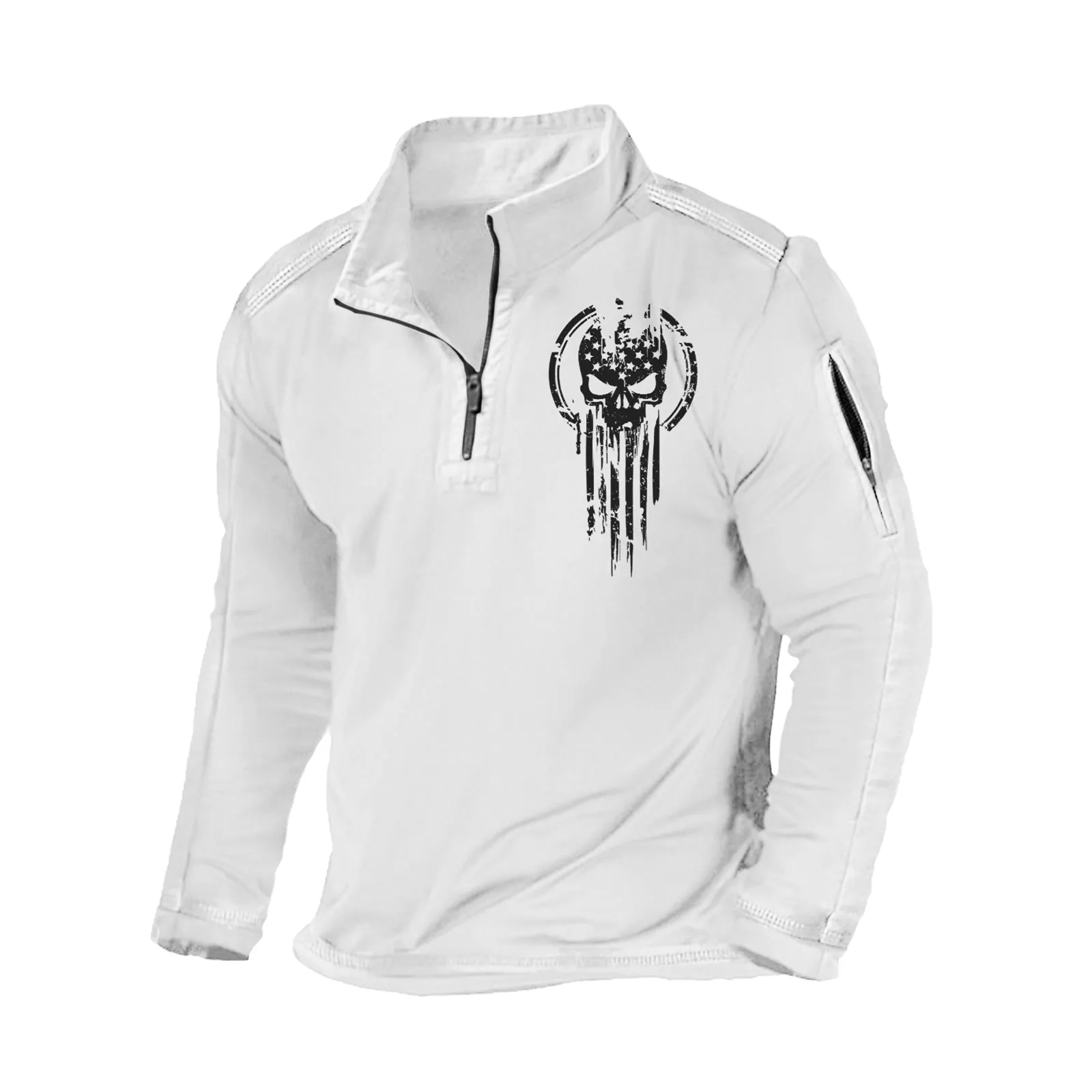 SKULL STAND COLLAR ZIPPER POCKET GRAPHIC SWEATSHIRT