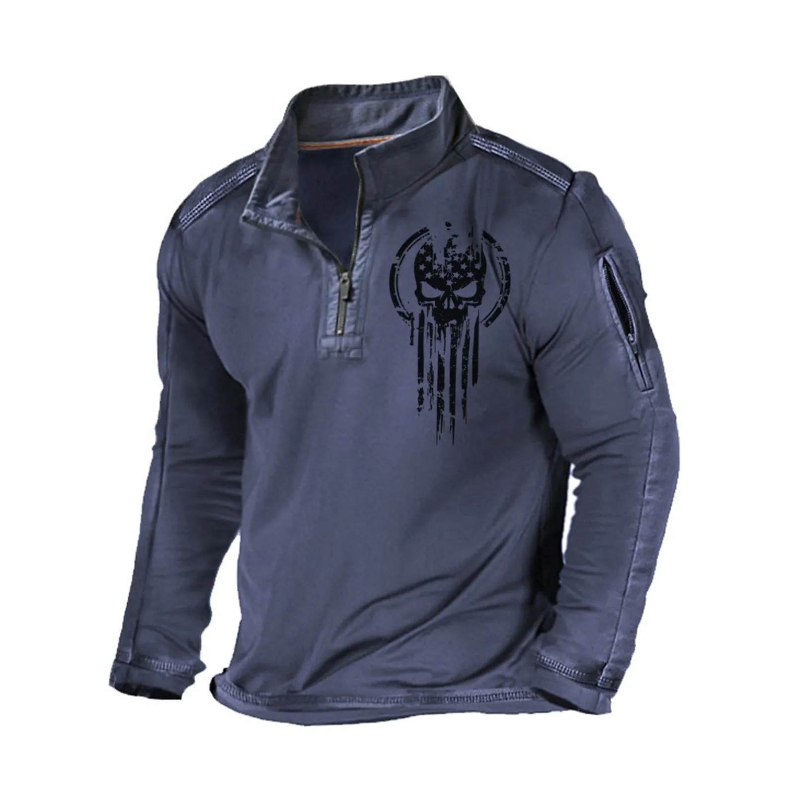 SKULL STAND COLLAR ZIPPER POCKET GRAPHIC SWEATSHIRT