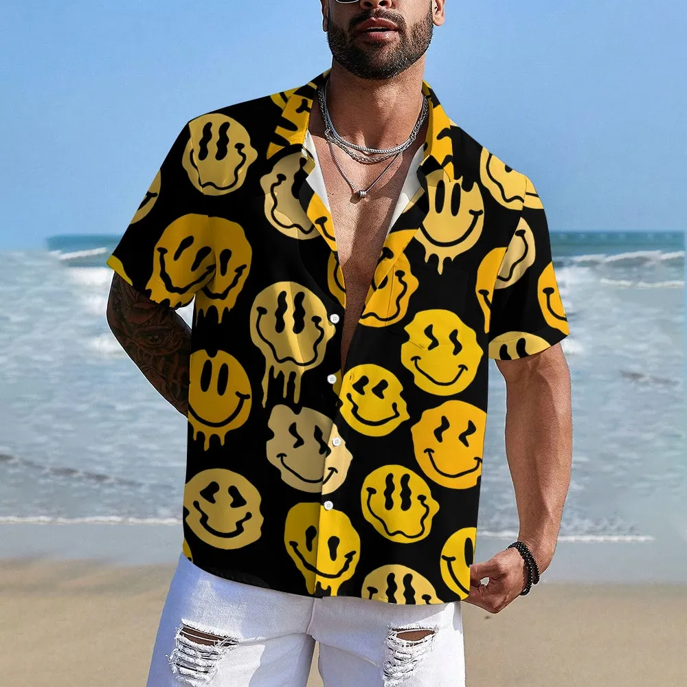 Smiley Face Print Men's Casual Short Sleeve Shirt 2402000049