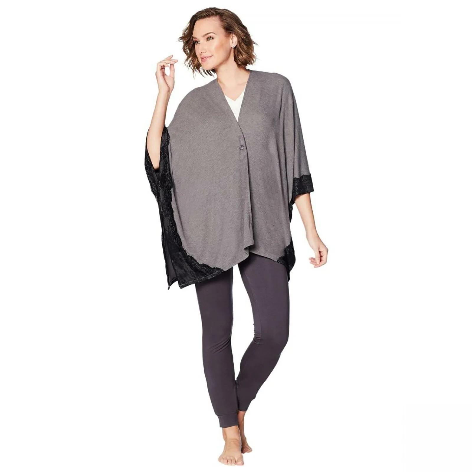 Soft & Cozy Women's Plus Size Brushed Hacci Knit Poncho With Lace Trim