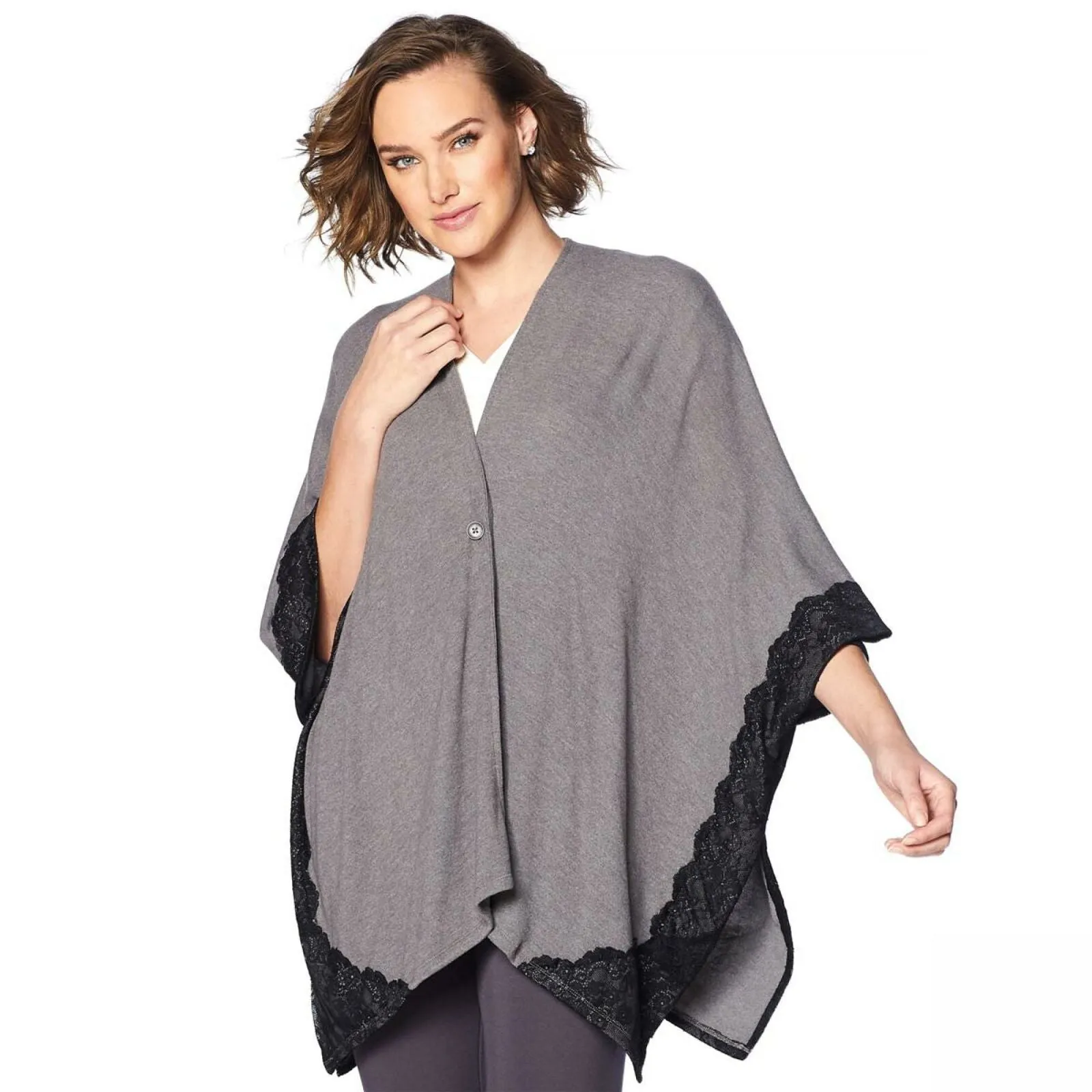 Soft & Cozy Women's Plus Size Brushed Hacci Knit Poncho With Lace Trim