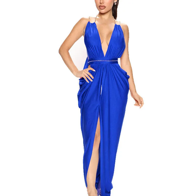 Solid Halter Deep V-Neck Chain Strap High Slit Maxi Dress