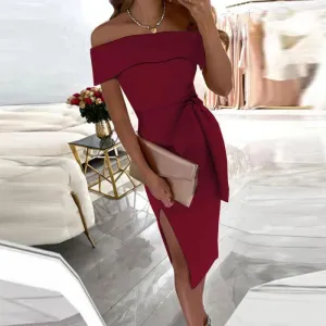 Solid Off Shoulder Sleeveless Belted Slit Midi Dress