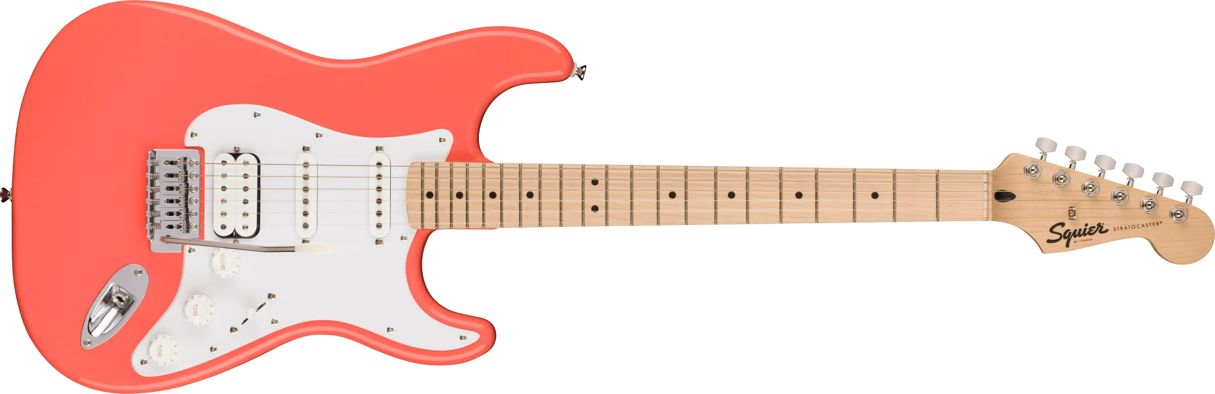 Squier Sonic Stratocaster HSS, Maple Fingerboard, White Pickguard, Tahitian Coral