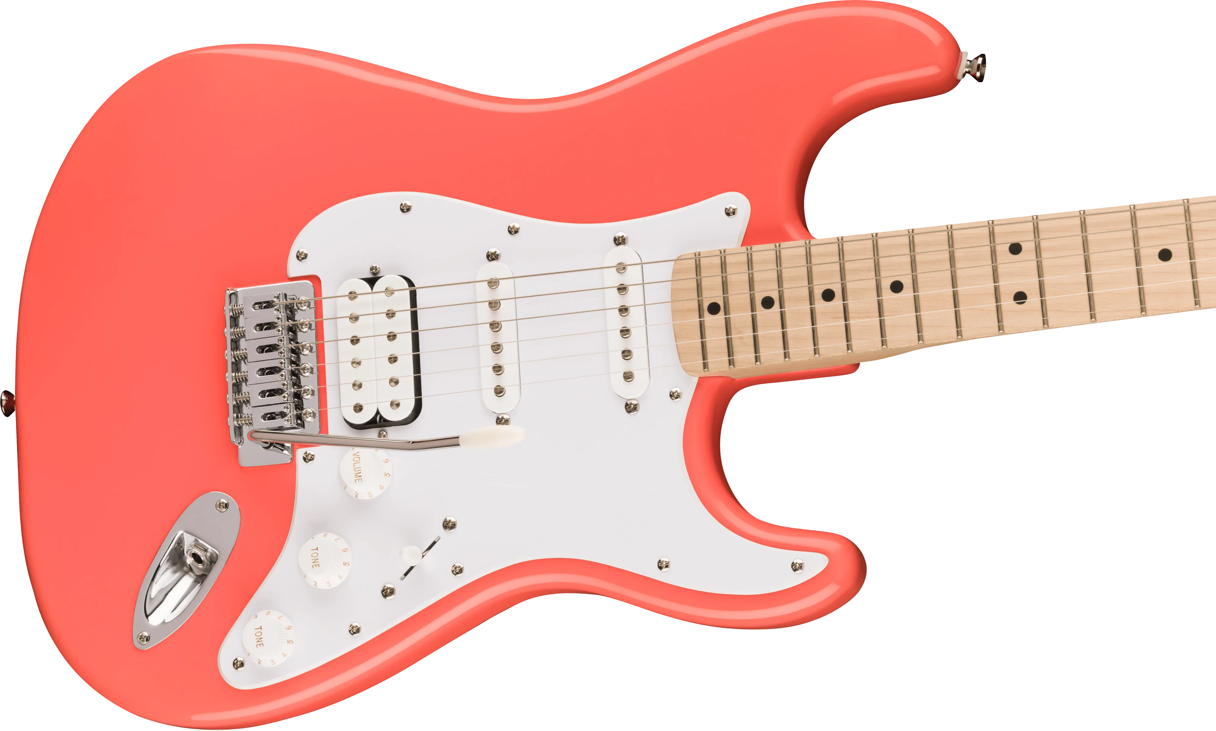 Squier Sonic Stratocaster HSS, Maple Fingerboard, White Pickguard, Tahitian Coral