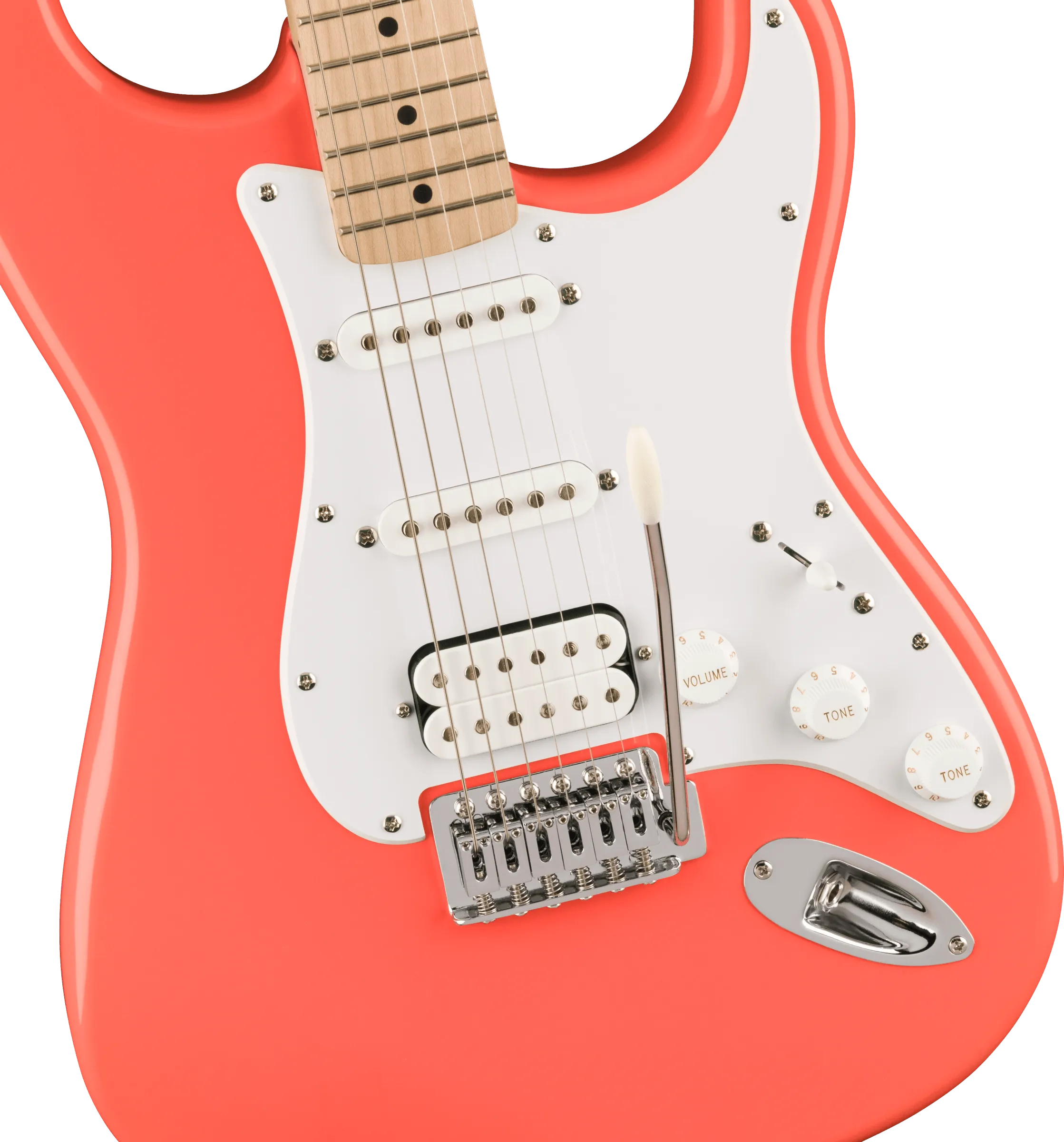Squier Sonic Stratocaster HSS, Maple Fingerboard, White Pickguard, Tahitian Coral