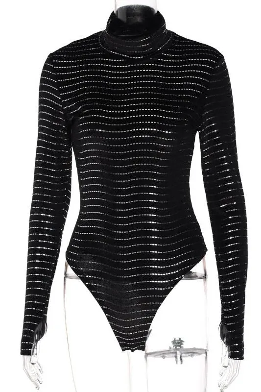 Striped high collar finger cover Bodysuit