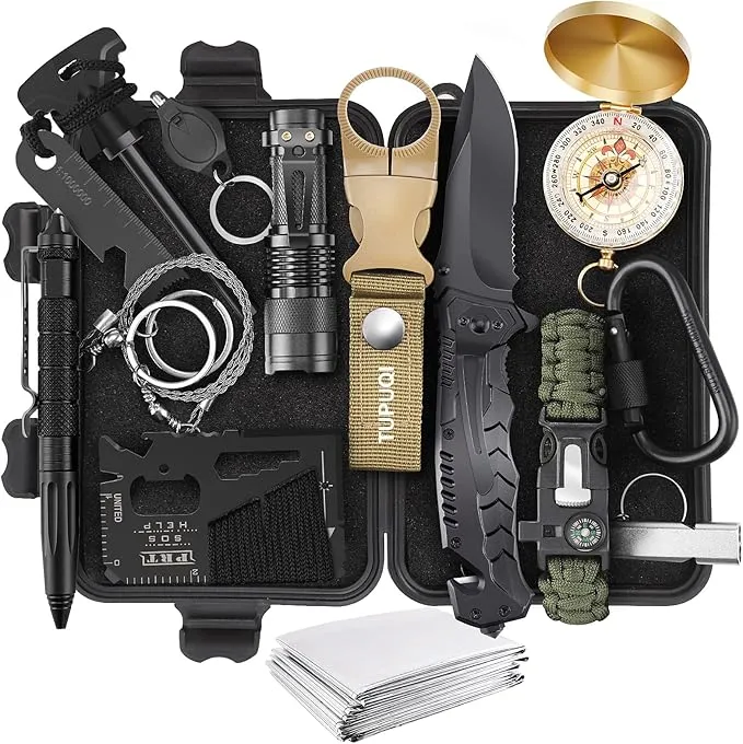Survival Kit Emergency Kit, Gifts for Men Teenagers Dad Husband, 15 in 1 Survival Gear and Equipment Tactical Gear Camping Accessories for Outdoor Emergency Camping Hiking Hunting