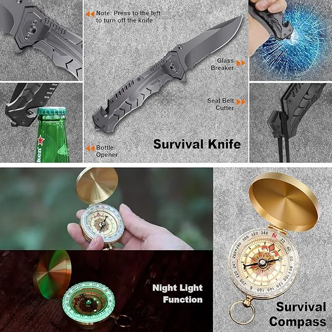 Survival Kit Emergency Kit, Gifts for Men Teenagers Dad Husband, 15 in 1 Survival Gear and Equipment Tactical Gear Camping Accessories for Outdoor Emergency Camping Hiking Hunting
