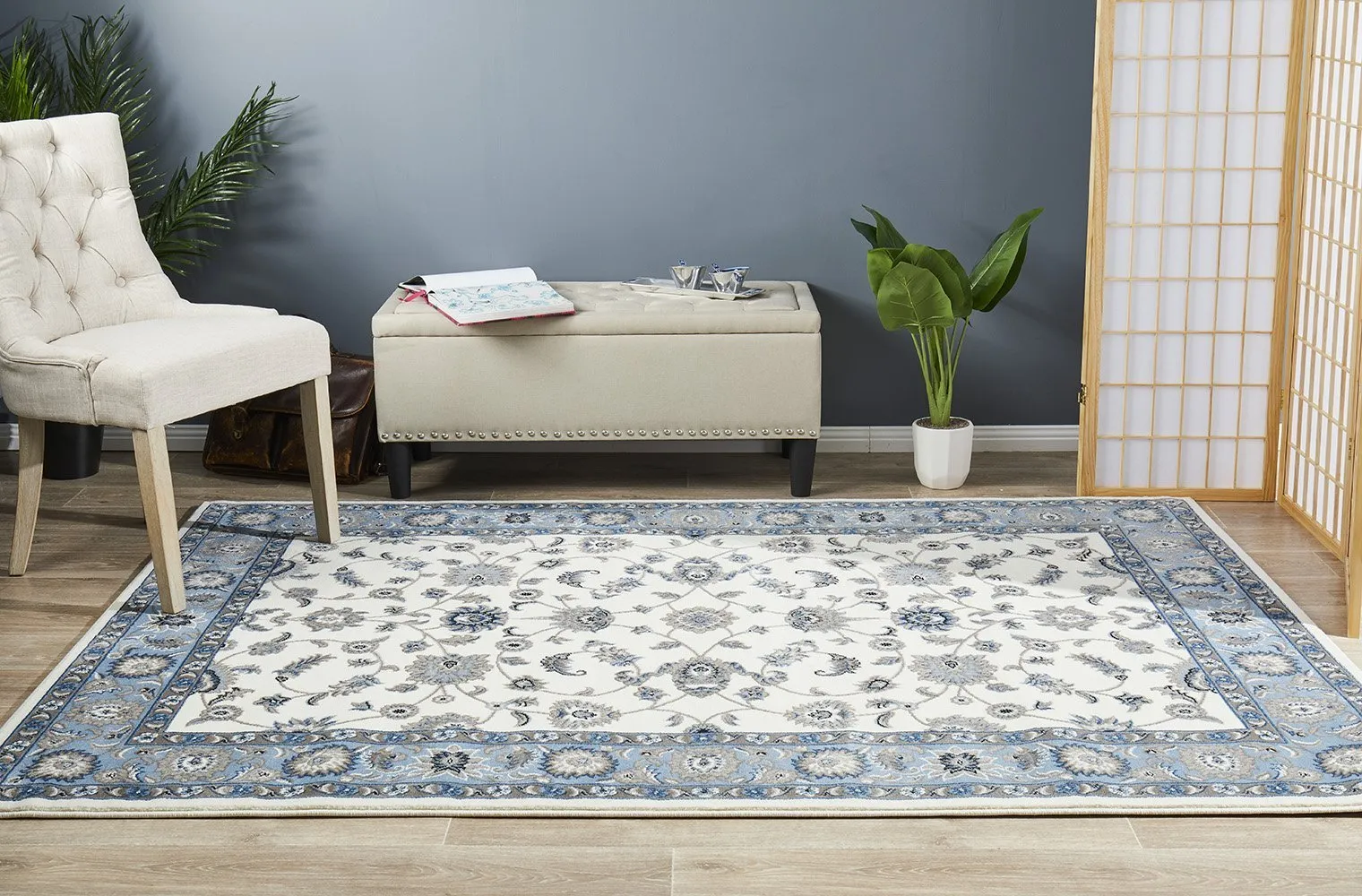 Sydney Collection Classic Rug White with Blue Border