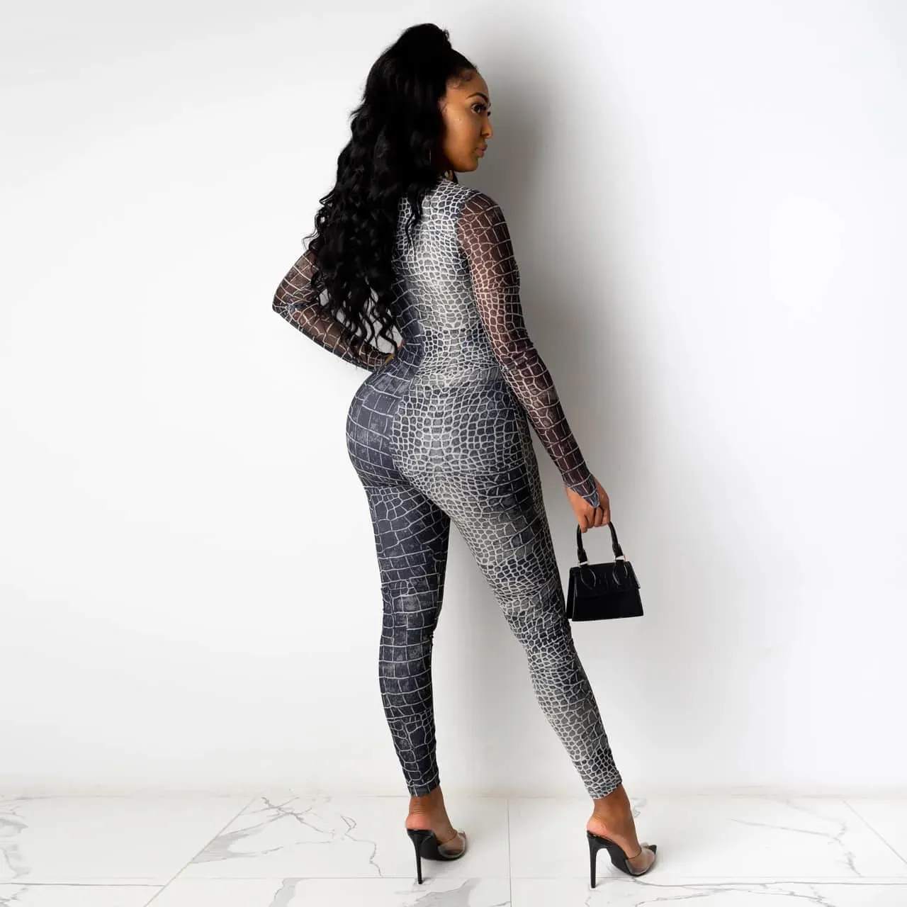 Sydney Long Sleeve Sheer Croc Print Bodycon Jumpsuit