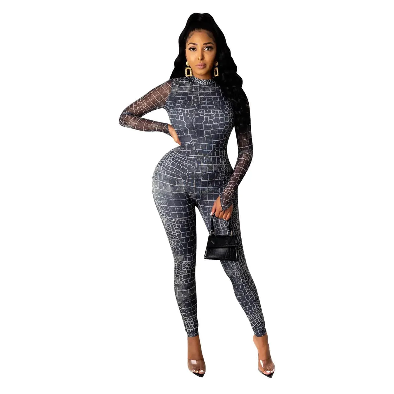 Sydney Long Sleeve Sheer Croc Print Bodycon Jumpsuit
