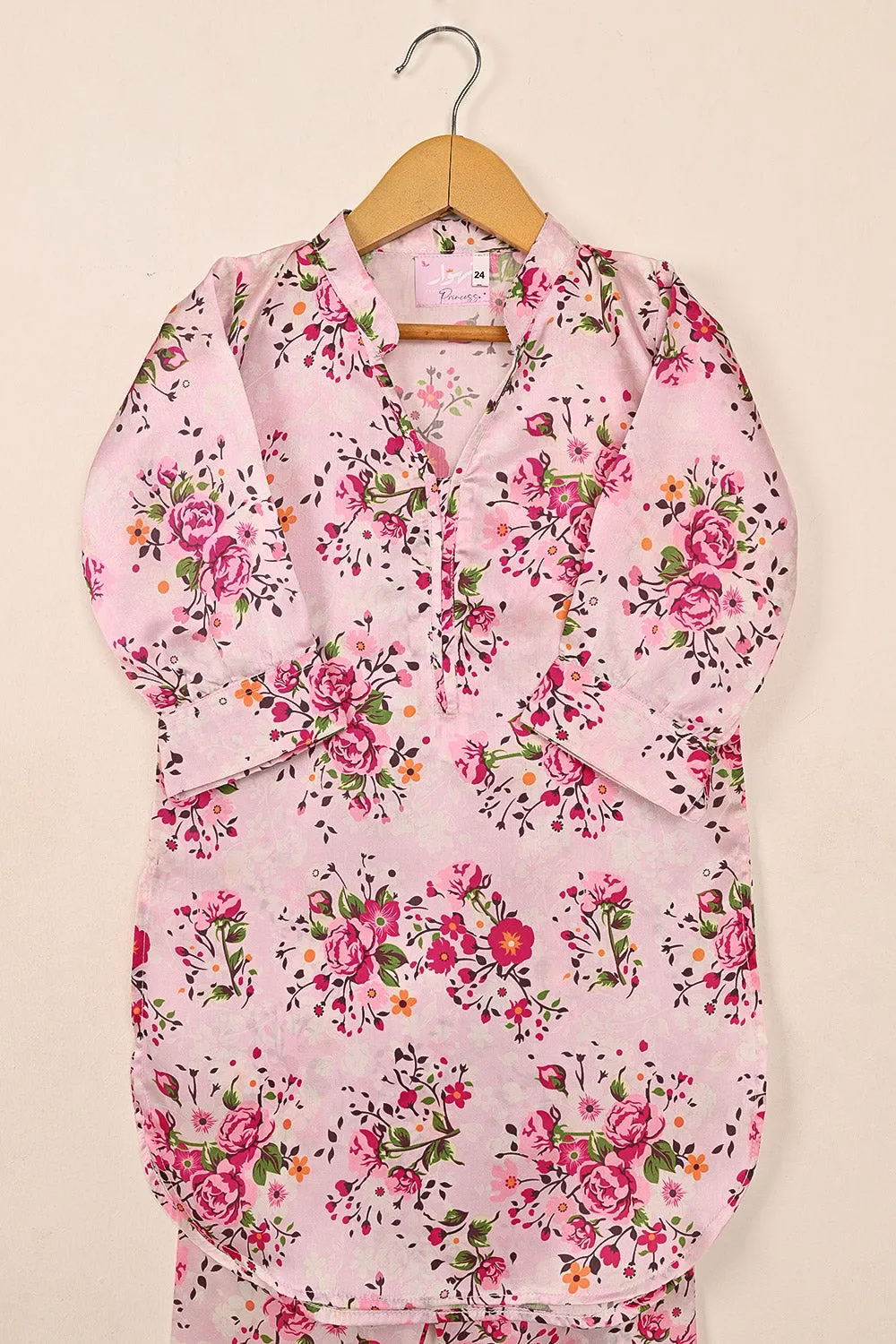 TKF-154-Pink - Kids 2Pc Digital Silk Co-Ord Set