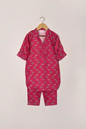 TKF-295-Fuchsia - Kids 2Pc Digital Silk Co-Ord Set