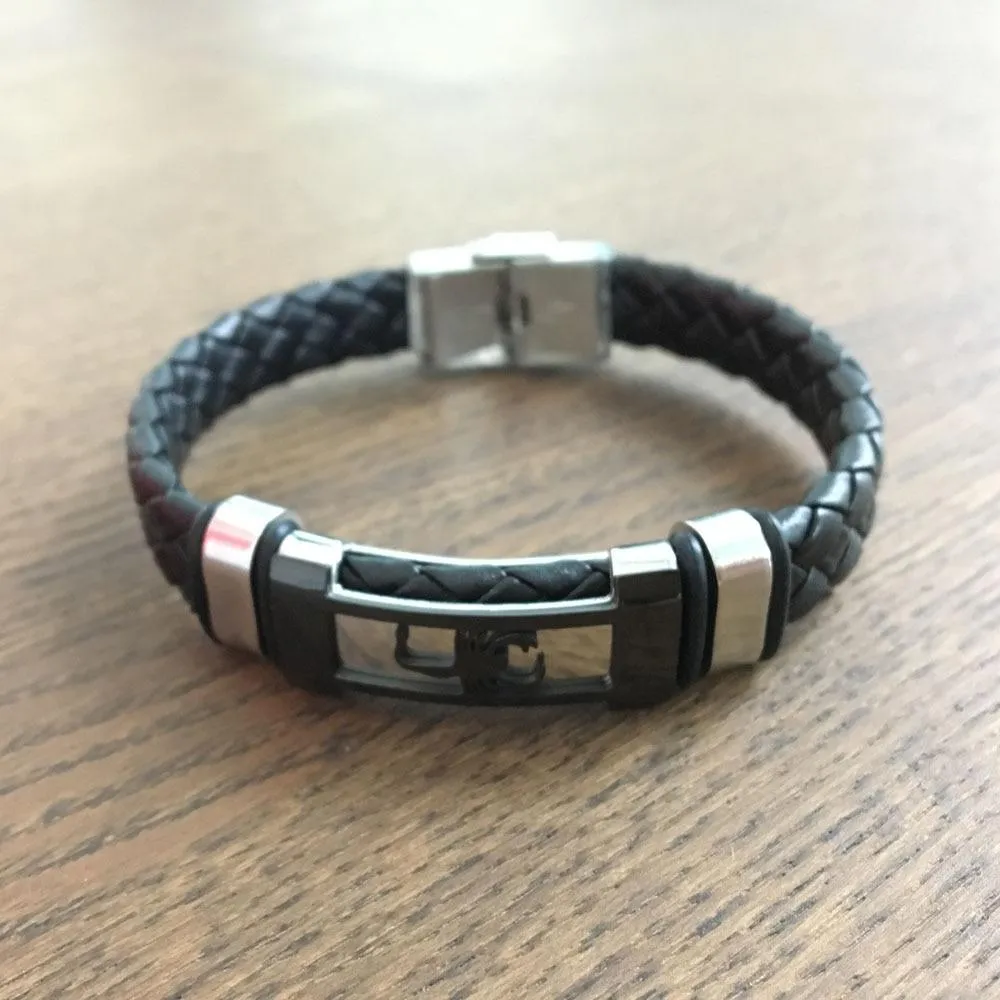 Trendy Genuine Leather Stainless Steel Bracelets for Men, Scorpio Design Plate Wristband, Jewelry Gift