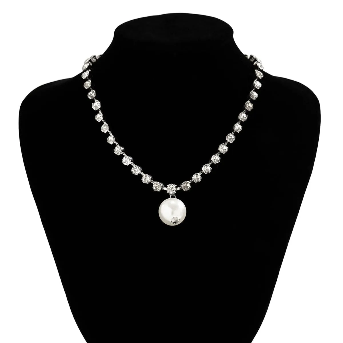 Trendy Pearl Pendant Crystal Inlaid Box Chain Necklace
