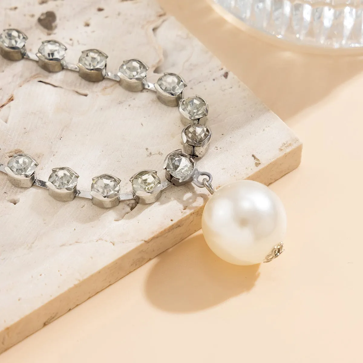 Trendy Pearl Pendant Crystal Inlaid Box Chain Necklace