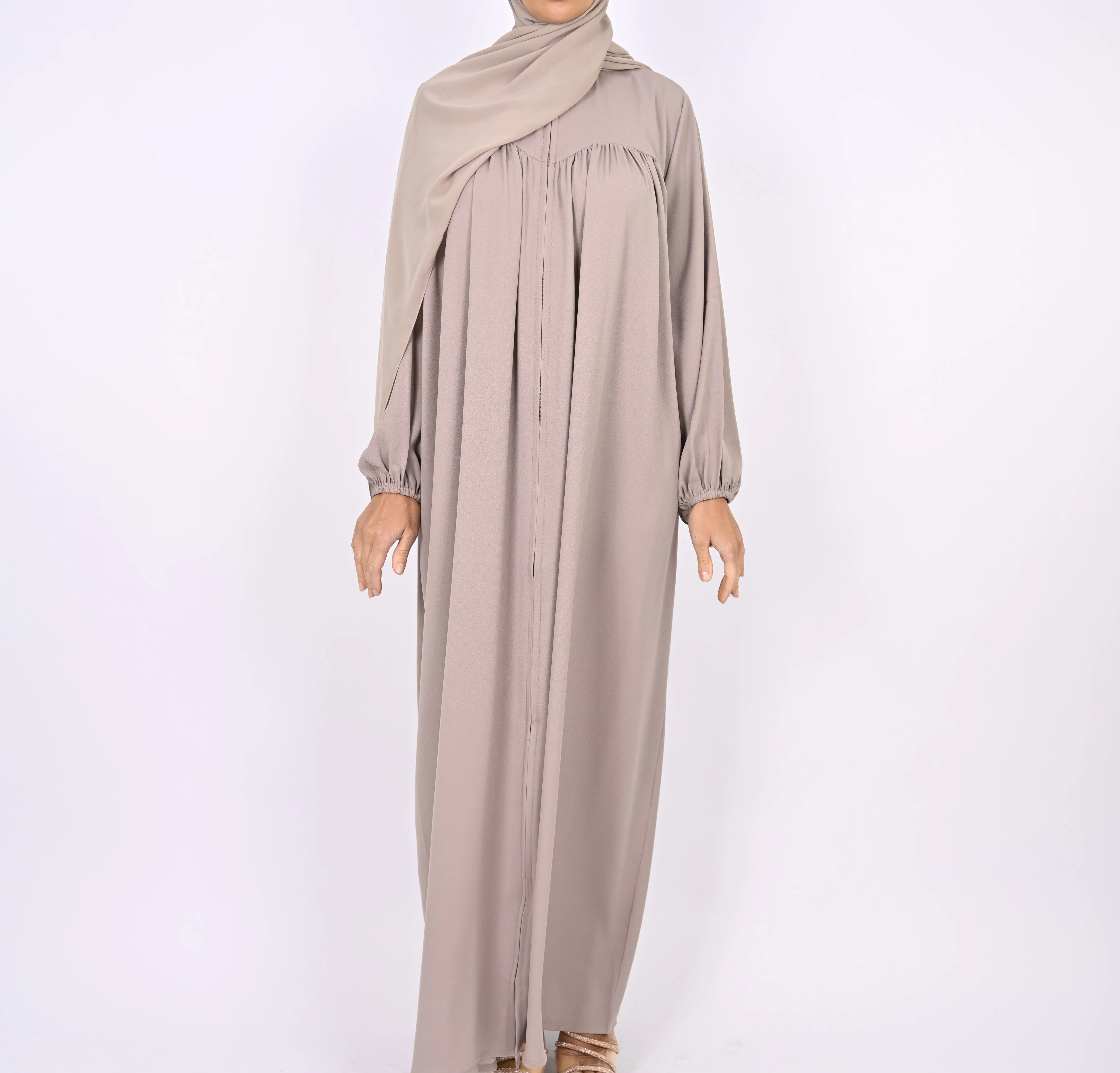 Turkish Style Abaya With Pleats - Nude