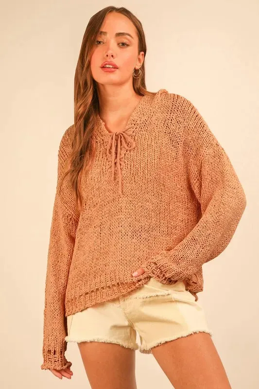 VERY J Oversized Openwork Lace Up Hooded Sweater