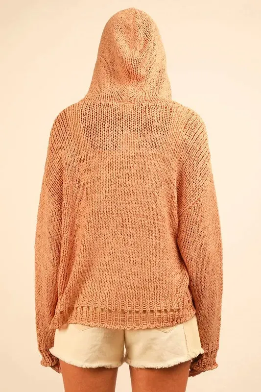 VERY J Oversized Openwork Lace Up Hooded Sweater
