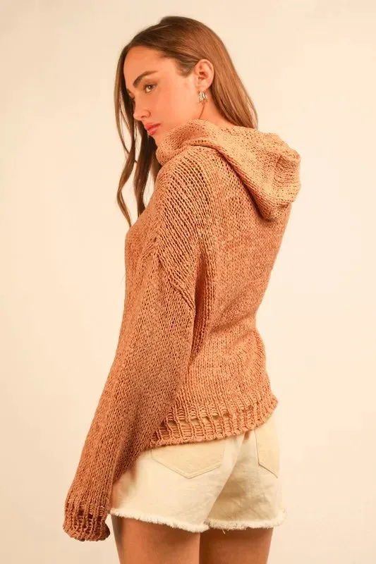 VERY J Oversized Openwork Lace Up Hooded Sweater
