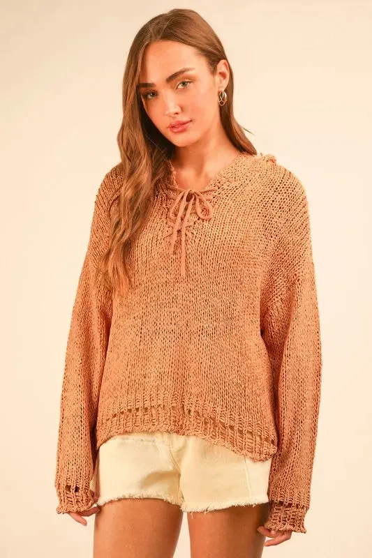 VERY J Oversized Openwork Lace Up Hooded Sweater